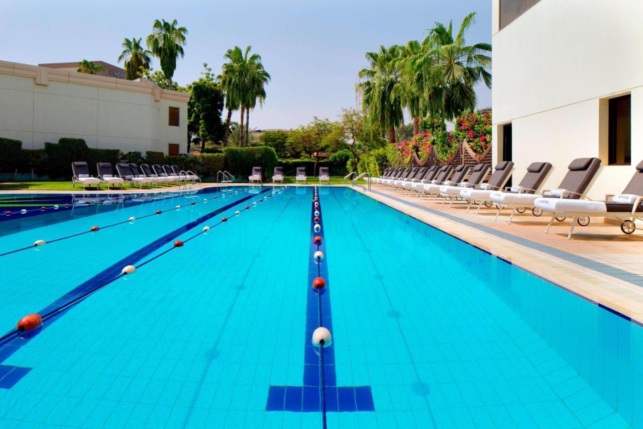 Le Meridien Dubai Hotel & Conference Centre Exterior photo The photo shows a swimming pool with clear blue water. Along one side of the pool, there are several lounge chairs arranged neatly. The surrounding area features palm trees and greenery, adding to a tropical atmosphere. The pool has lane markers indi